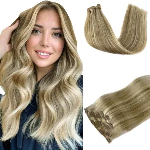 Clip in Human Hair Extensions - Beige Blonde Mixed Bleach Blonde Highlights - Real Human Hair, Thick Ends, Long Straight - 18 Inch, 70g, 5pcs