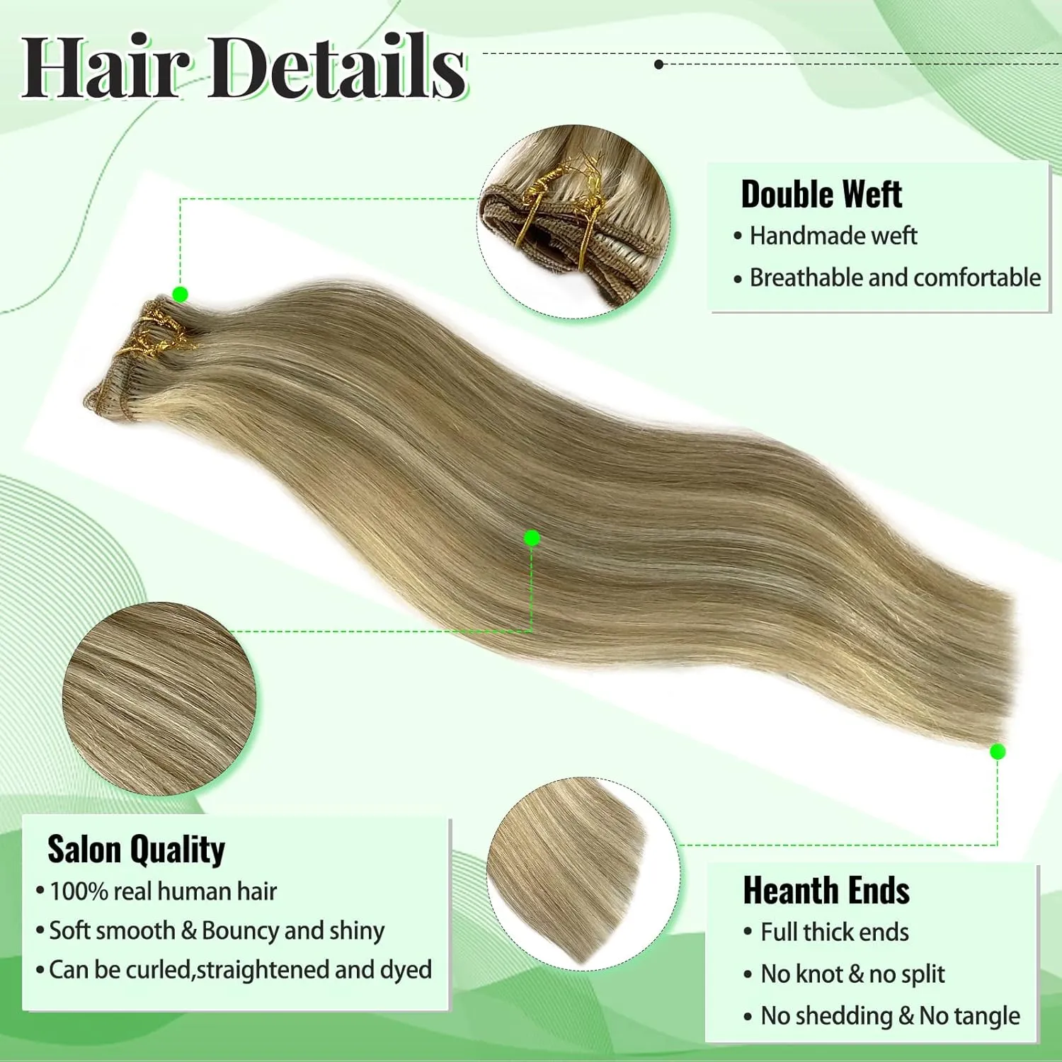 Clip in Human Hair Extensions - Beige Blonde Mixed Bleach Blonde Highlights - Real Human Hair, Thick Ends, Long Straight - 18 Inch, 70g, 5pcs