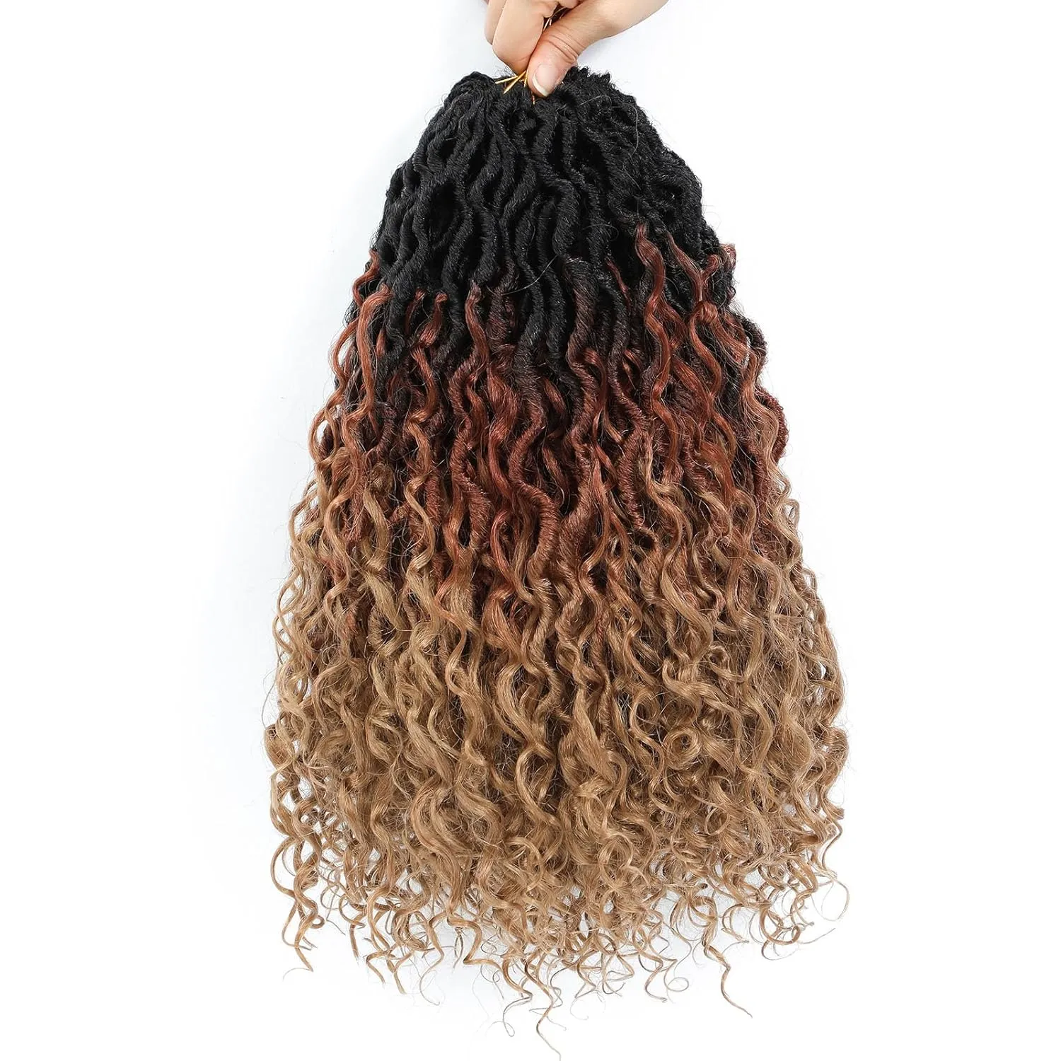 Col Bling Ombre Goddess Locs Crochet Hair 14 Inch 8 Packs Faux Locs Crochet Hair for Women 3 Tone Boho River Locs Hair with Curly Ends Synthetic Hair Style (#1B/30/27)