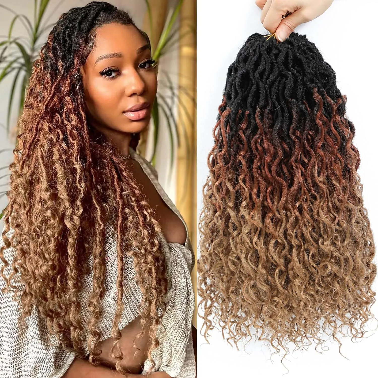 Col Bling Ombre Goddess Locs Crochet Hair 14 Inch 8 Packs Faux Locs Crochet Hair for Women 3 Tone Boho River Locs Hair with Curly Ends Synthetic Hair Style (#1B/30/27)