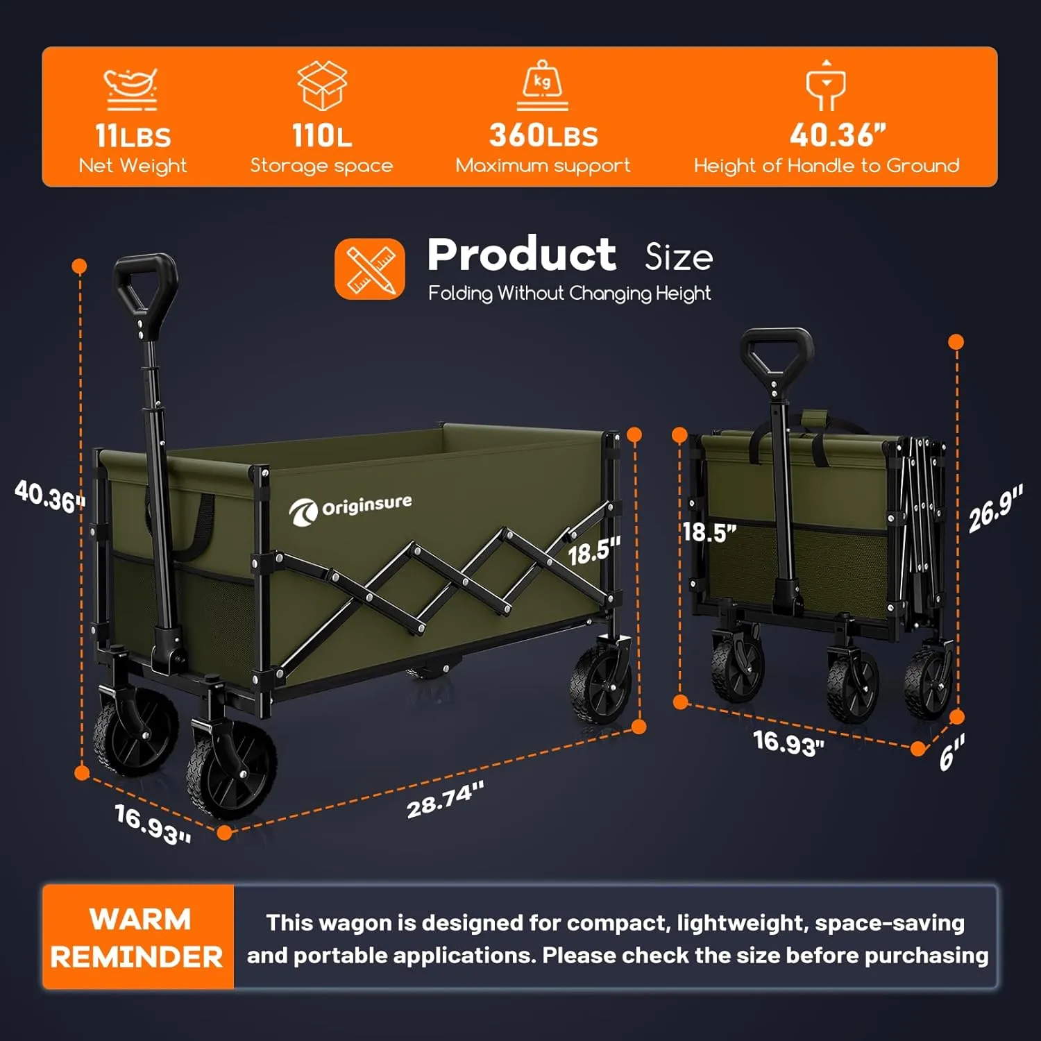 Collapsible Wagon Cart Foldable - Lightweight Portable Heavy Duty Folding Beach Wagons with Wheels - Outdoor Utility Carts for Grocery, Camping, Shopping, Sports with Large Capacity - Green