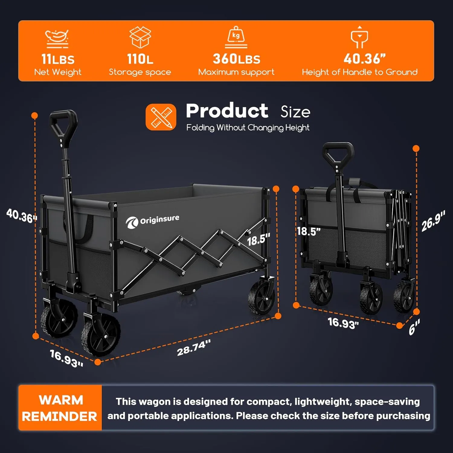 Collapsible Wagon Cart Foldable - Lightweight Portable Heavy Duty Folding Beach Wagons with Wheels - Outdoor Utility Carts for Grocery, Camping, Shopping, Sports with Large Capacity - Grey