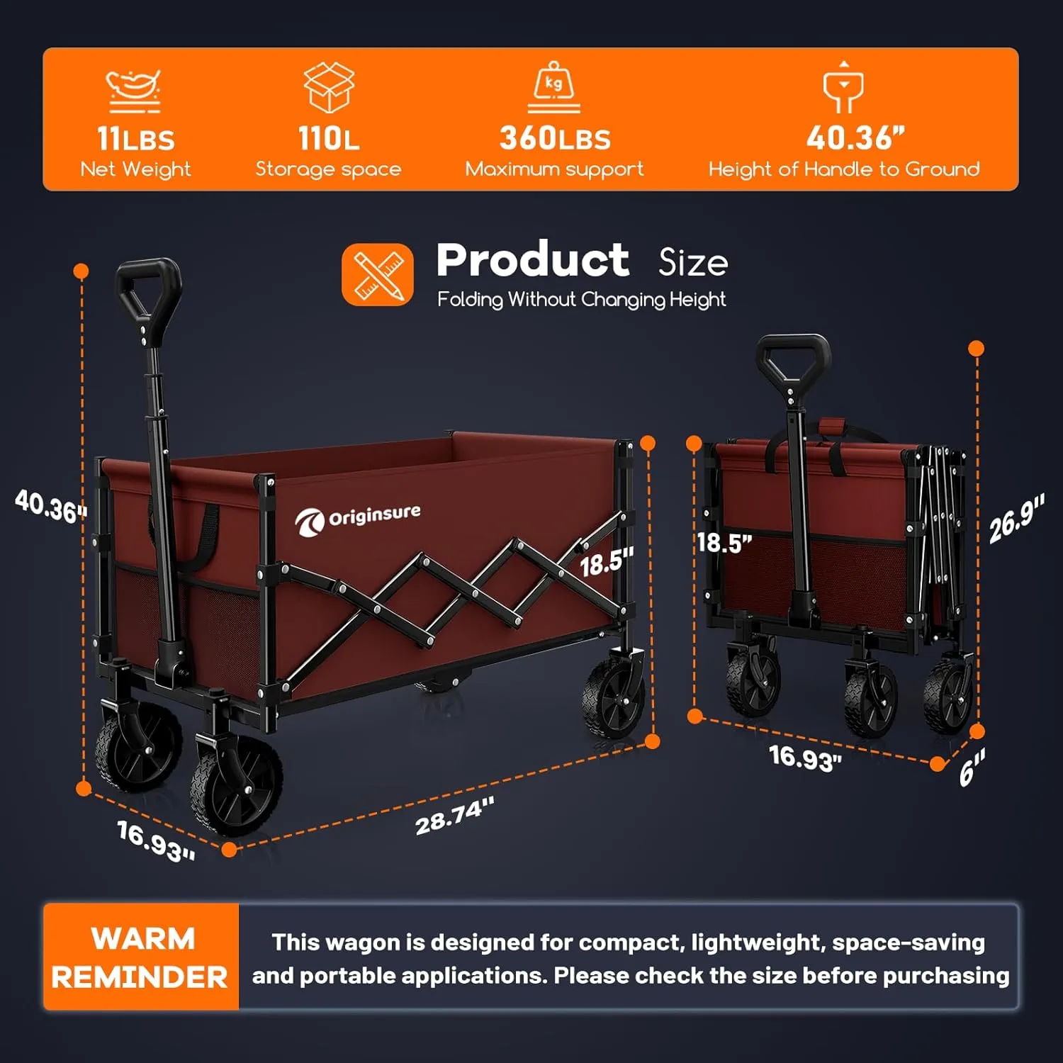 Collapsible Wagon Cart Foldable - Lightweight Portable Heavy Duty Folding Beach Wagons with Wheels - Outdoor Utility Carts for Grocery, Camping, Shopping, Sports with Large Capacity - Red