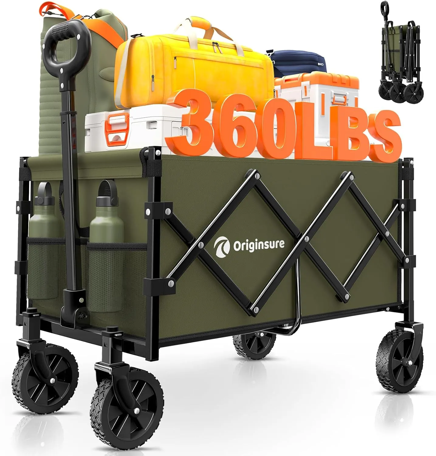 Collapsible Wagon Cart Foldable - Portable Heavy Duty Folding Beach Wagons with Wheels - Outdoor Utility Carts for Groceries, Shopping, Camping, Sports, Garden with Large Capacity - Green