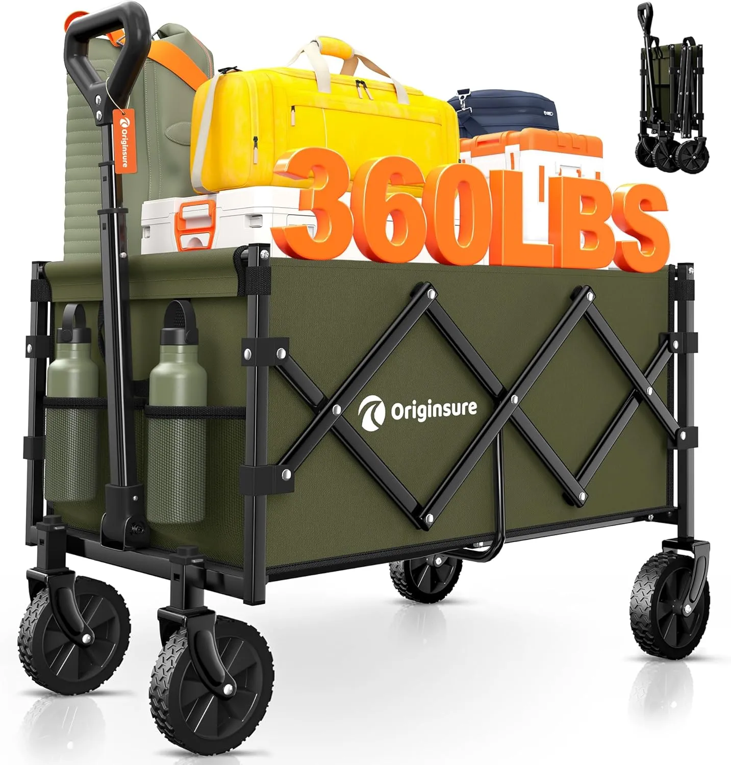 Collapsible Wagon Cart Foldable - Portable Heavy Duty Folding Beach Wagons with Wheels - Outdoor Utility Carts for Groceries, Shopping, Camping, Sports, Garden with Large Capacity - Green