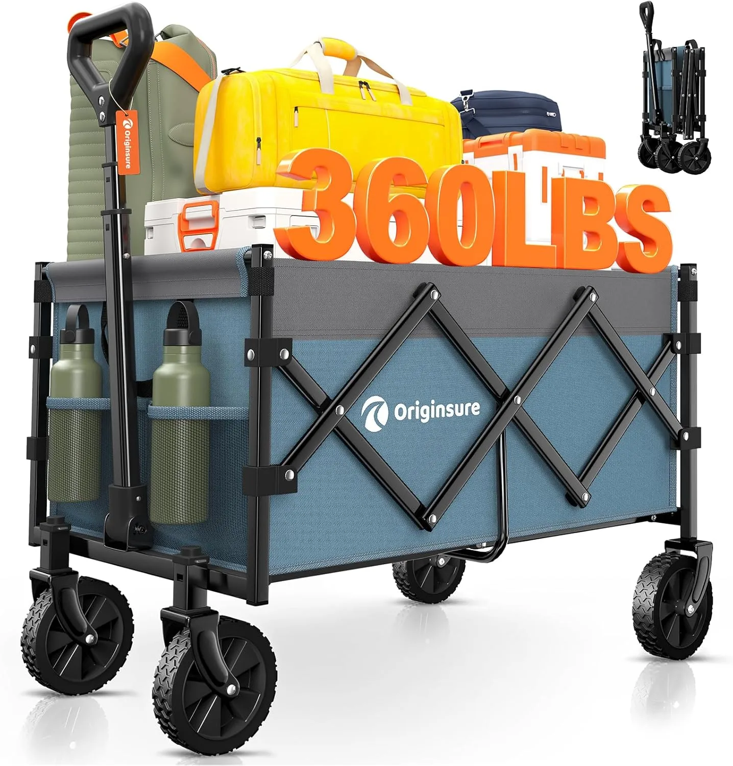 Collapsible Wagon Cart Foldable - Portable Heavy Duty Folding Beach Wagons with Wheels - Outdoor Utility Carts for Groceries, Shopping, Camping with Large Capacity - Grey&Blue