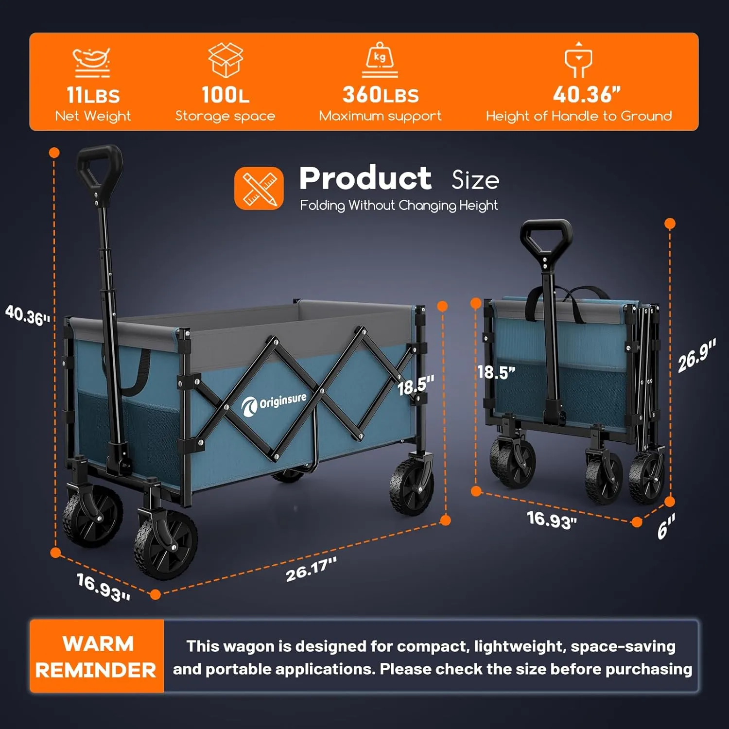 Collapsible Wagon Cart Foldable - Portable Heavy Duty Folding Beach Wagons with Wheels - Outdoor Utility Carts for Groceries, Shopping, Camping with Large Capacity - Grey&Blue