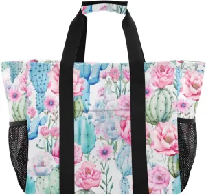 Colorful Cactus Flower Succulents Tote Bag for Women with Zipper Large Beach Bags Foldable Work Bag Totes Handbags for Pool Gym Grocery Travel