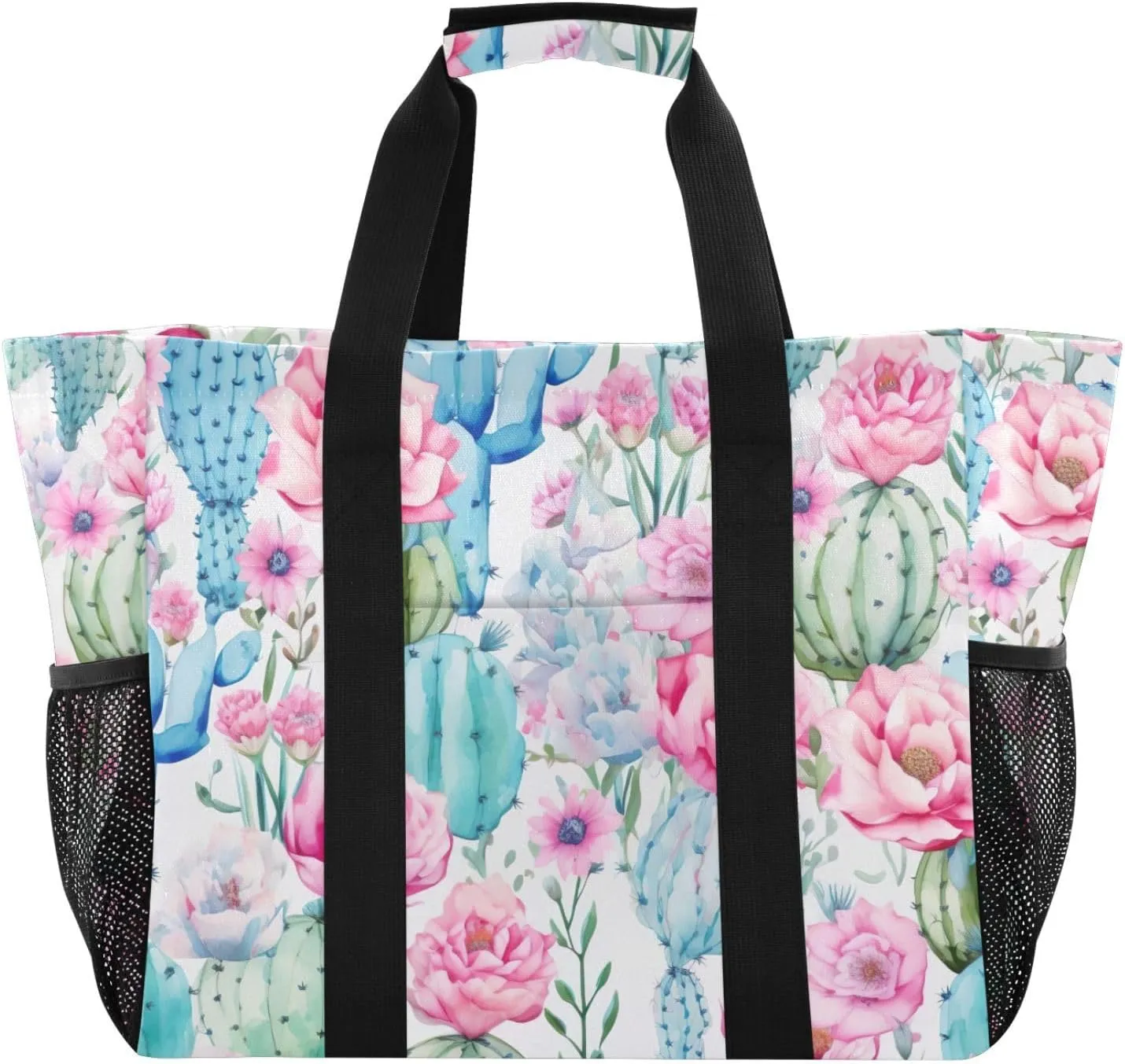 Colorful Cactus Flower Succulents Tote Bag for Women with Zipper Large Beach Bags Foldable Work Bag Totes Handbags for Pool Gym Grocery Travel