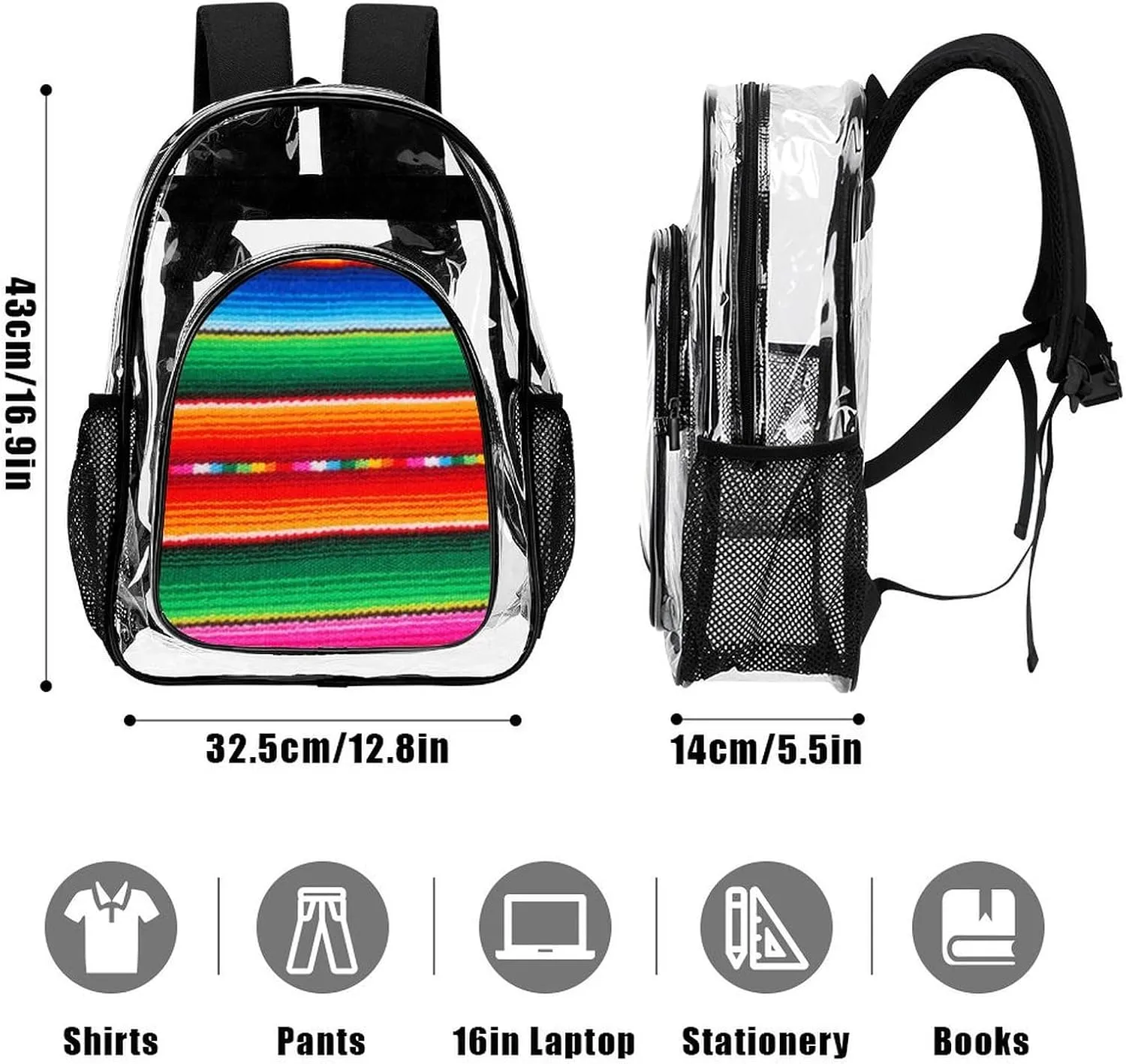 Colorful Mexican Blanket Stripes Art Backpack Transparent Multipurpose Anti-Theft Shoulder Bag Big Capacity Gym Outdoor Hiking Backpack With Padded Straps