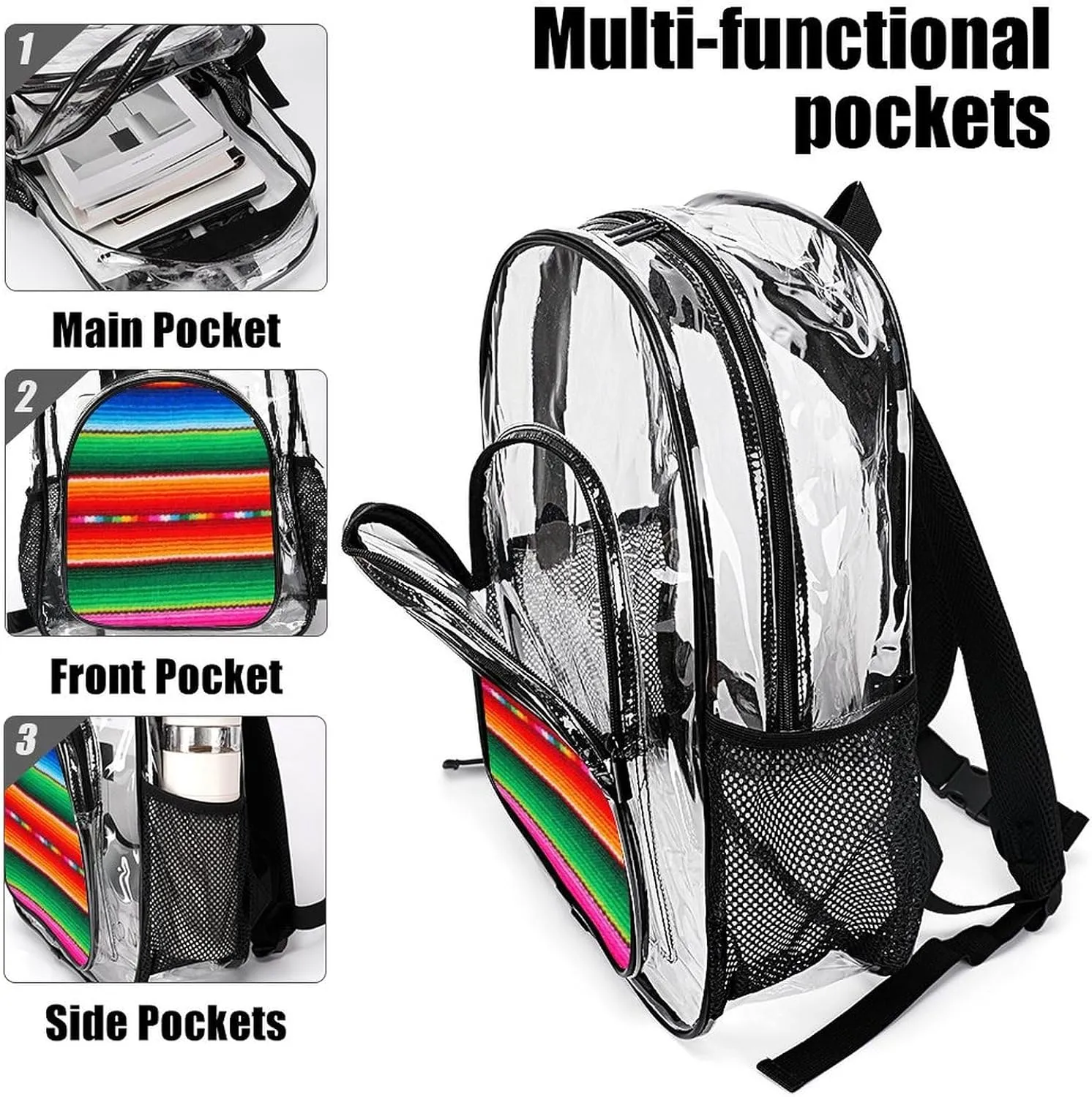 Colorful Mexican Blanket Stripes Art Backpack Transparent Multipurpose Anti-Theft Shoulder Bag Big Capacity Gym Outdoor Hiking Backpack With Padded Straps