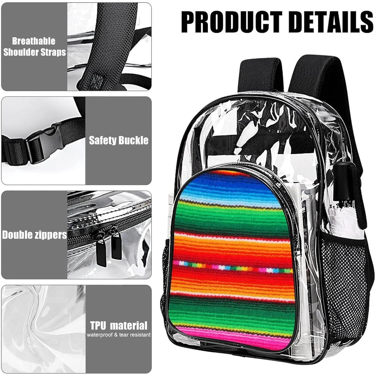 Colorful Mexican Blanket Stripes Art Backpack Transparent Multipurpose Anti-Theft Shoulder Bag Big Capacity Gym Outdoor Hiking Backpack With Padded Straps