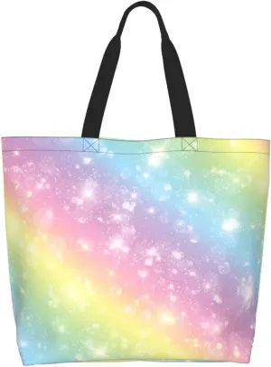 Colorful Unicorn Rainbow Tote Bag For Women, Large Shoulder Foldable Reusable Grocery Handbag For Shopping Picnic