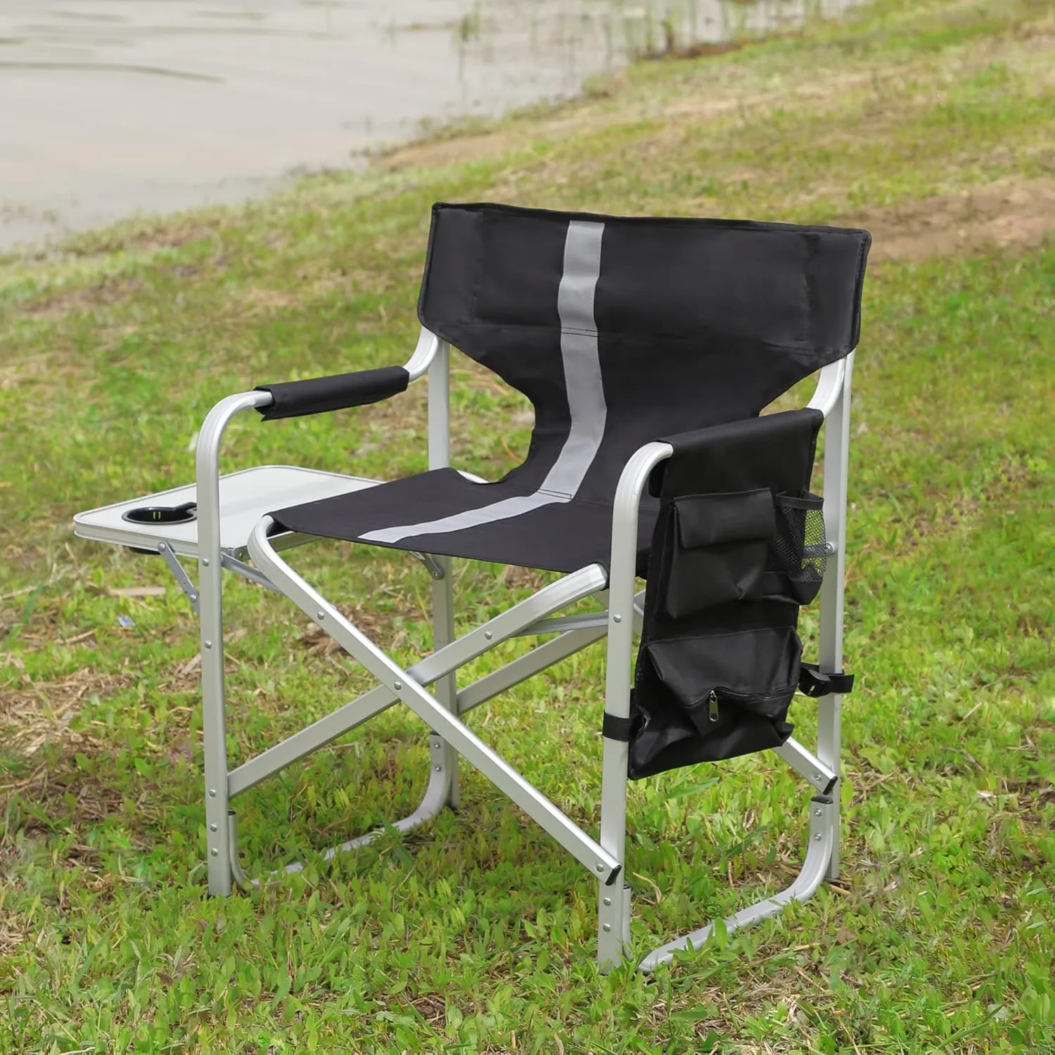 Comfortable Padded Folding Outdoor Chair with Side Table, for Camping and Picnics, Lightweight and Durable, Black/Grey