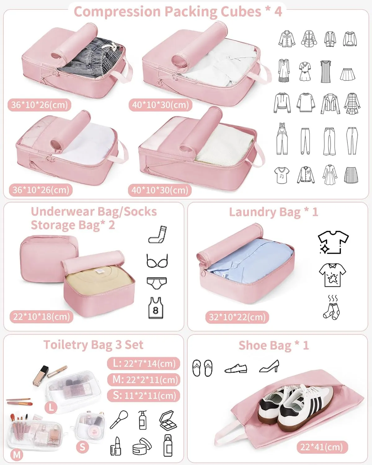 Compression Packing Cubes - 11 Set Suitcase Organizers, Expandable Packing Cubes, Pink Travel Essentials