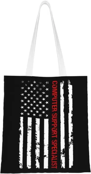 Computer Support Specialist Usa Flag Tote Bag for Women Canvas Shopping Bags Reusable Large Capacity Casual Shoulder Handbags Grocery Bags DIY Gift Bags