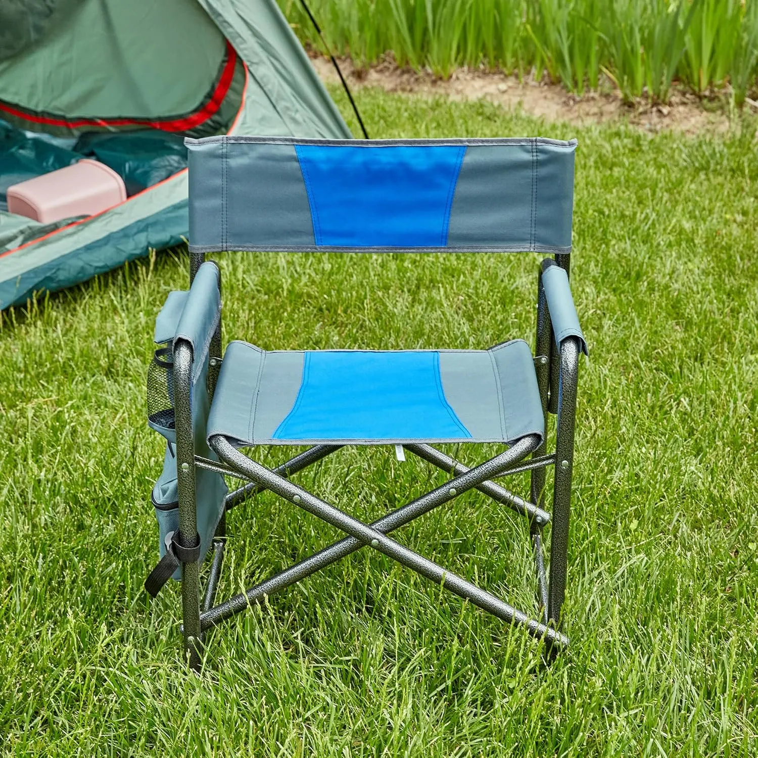 Convenient Outdoor Comfort with Padded Folding Chair, Lightweight Steel Construction with Storage Pockets, for Camping and Picnics, Blue/Grey