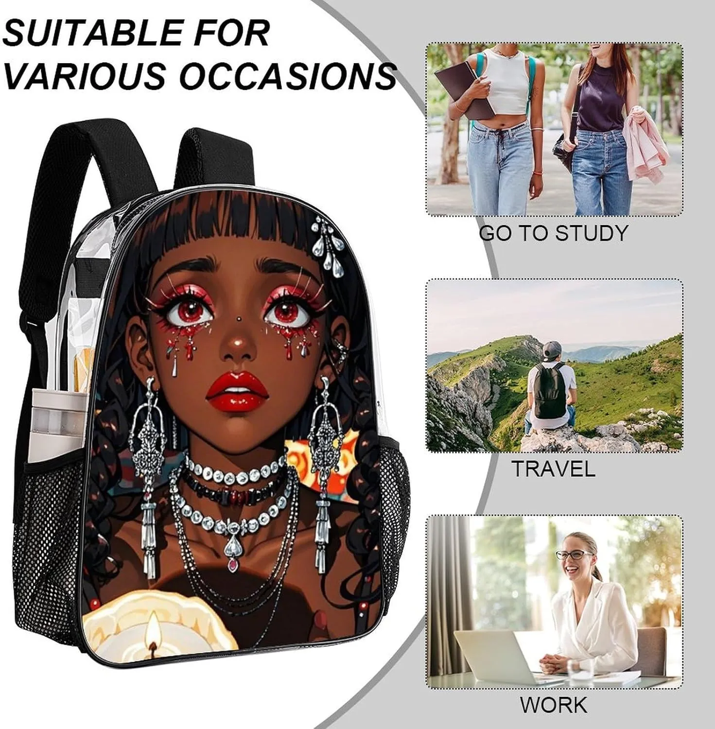 Cool African American Woman Bold And Colorful Art Backpack Transparent Multipurpose Anti-Theft Shoulder Bag Big Capacity Gym Outdoor Hiking Backpack With Padded Straps