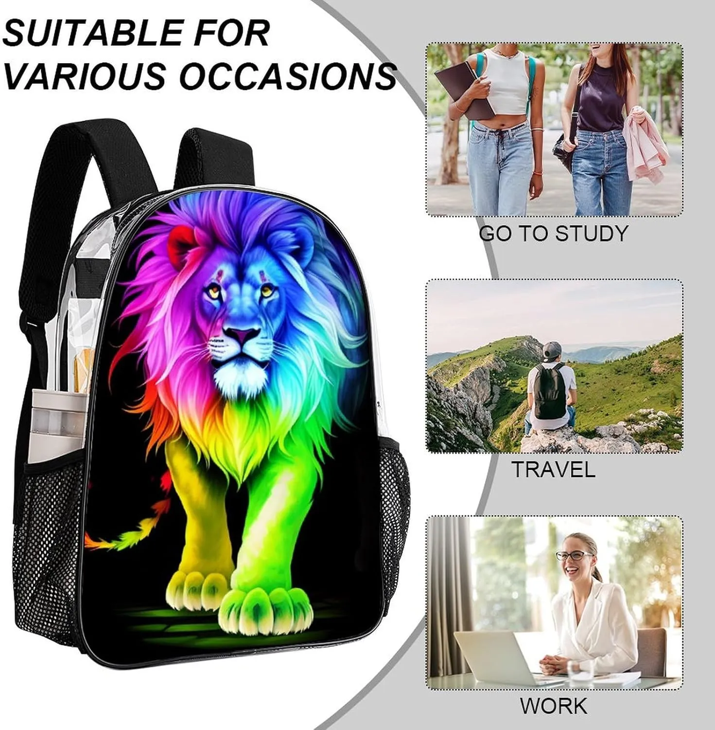 Cool Lion Colorful Fire Surreal Style Art Backpack Transparent Multipurpose Anti-Theft Shoulder Bag Big Capacity Gym Outdoor Hiking Backpack With Padded Straps