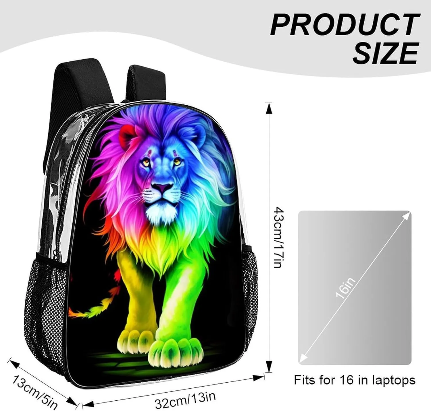 Cool Lion Colorful Fire Surreal Style Art Backpack Transparent Multipurpose Anti-Theft Shoulder Bag Big Capacity Gym Outdoor Hiking Backpack With Padded Straps