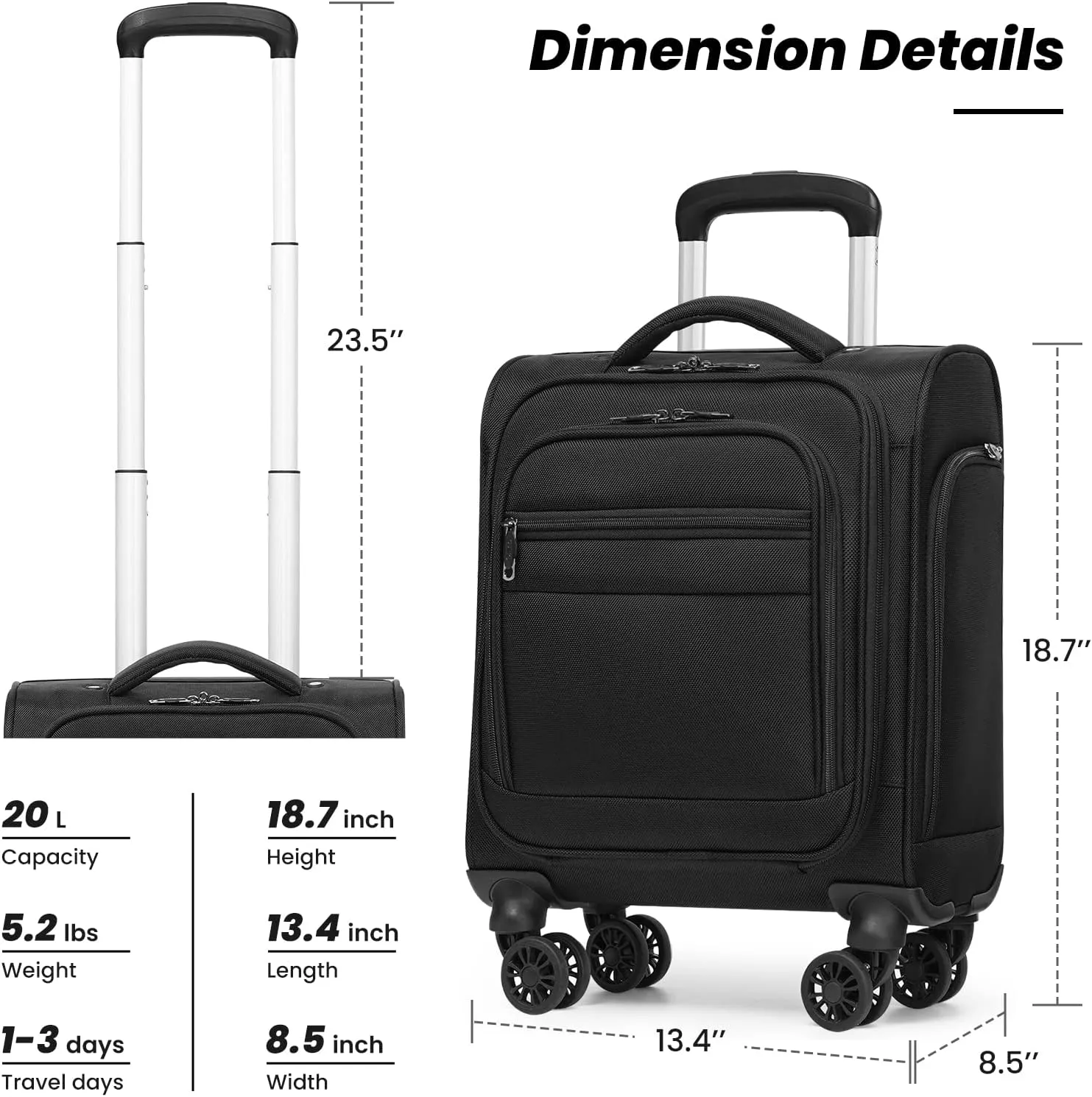 Coolife Underseat Carry On Luggage Suitcase Softside Lightweight Rolling Travel Bag Spinner Suitcase Compact Upright 4 Dual Wheel Bag