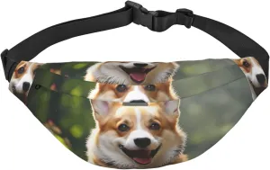 Corgi Dog Running on The Railroad Fanny Pack Adjustable Crossbody Bag Large Waist Bag Travel Belt Bag Unisex Bum Bag, Black, One Size, Casual Daypack