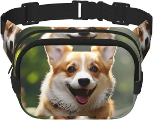 Corgi Dog Running on The Railroad Fanny Pack Adjustable Crossbody Bag Large Waist Bag Travel Belt Bag Unisex Bum Bag