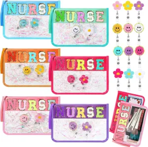 Coume 18 Pcs Cna Week Gifts Makeup Bags Badge Clips Clear Pouches with Nursing Badge Reel Flower Smile Face Nursing ID Card Clips for National Certified Nurses Day Teacher Student, 11. 8 x 7. 87 Inch