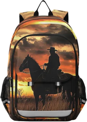 Cowboy Sunset Grassland Backpack for Women Men Travel Laptop Daypack Shoulder Bag Book Bag Daypack with Reflective Strip 12.9” × 17.7”