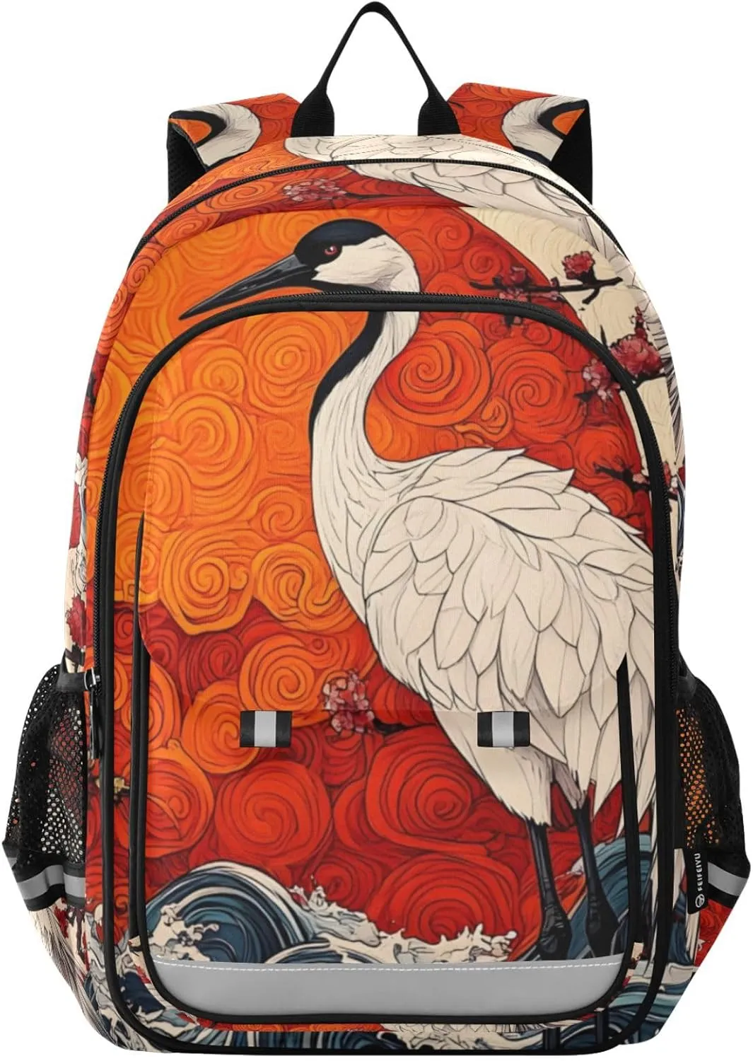 Crane Cherry Waves Backpack for Women Men Travel Laptop Daypack Shoulder Bag Book Bag Daypack with Reflective Strip 12.9” × 17.7”