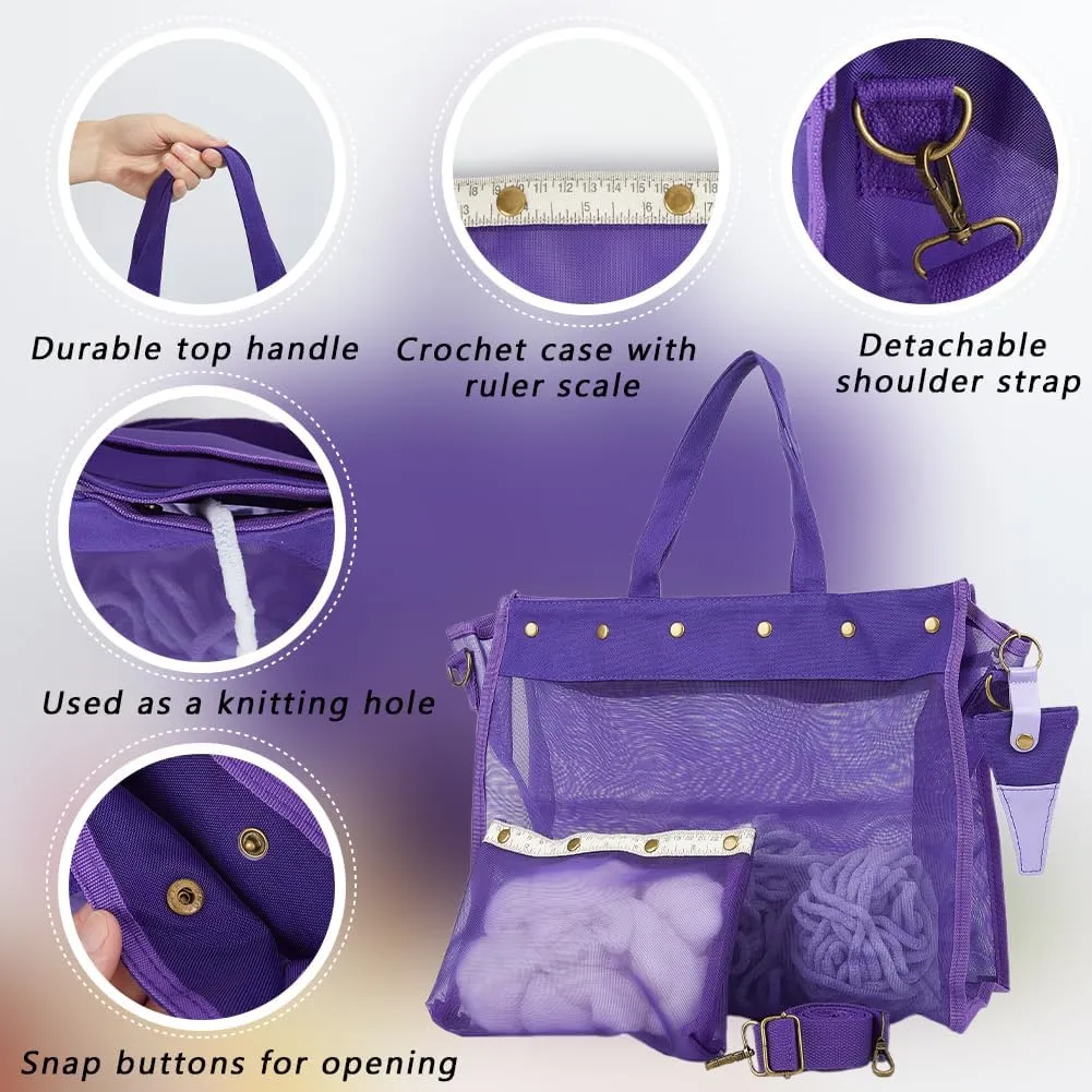 CRASPIRE Knitting Bag Large Yarn Storage Organizer Lightweight Large Storage Totes Knit Bags with Case Detachable Shoulder Strap Ruler Scale Imitation Leather Keychain Supplies Mother's Day Gift