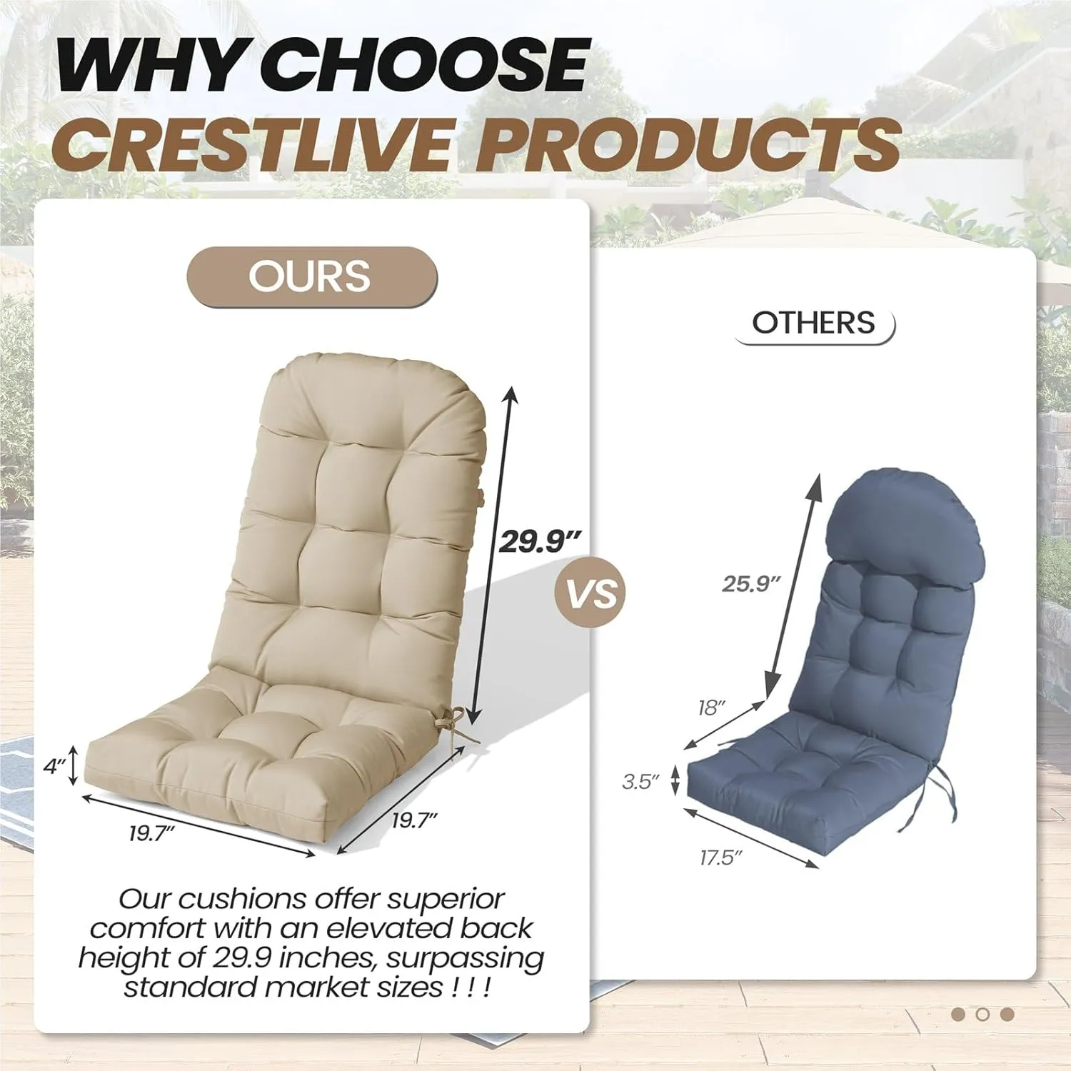 Crestlive Products Sunbrella Adirondack Chair Cushion Outdoor Chair Cushions Waterproof Fade Resistant 50x20x4 Inch High Back Patio Cushions Set of 2 Thick Replacement Cushions Antique Beige