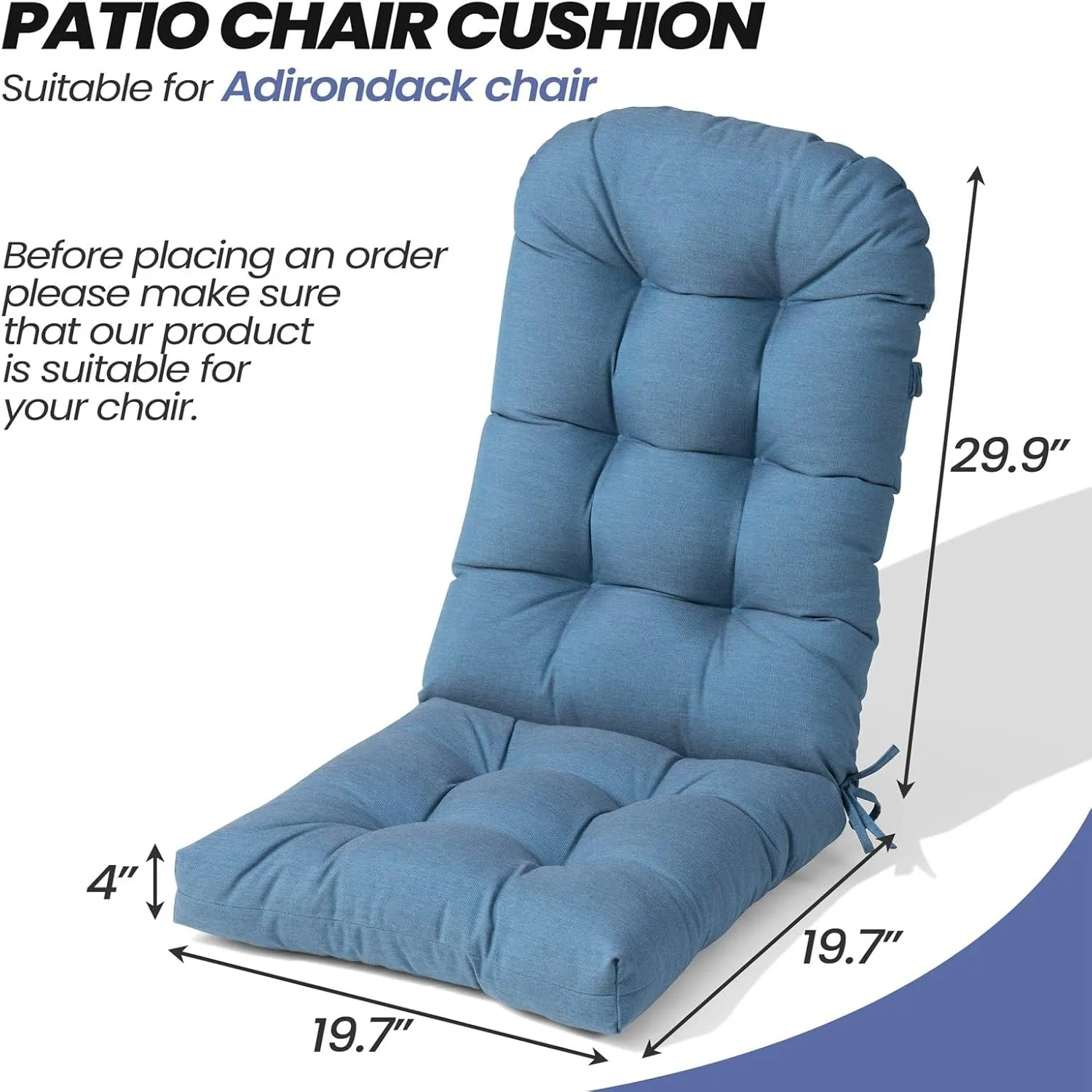 Crestlive Products Sunbrella Adirondack Chair Cushion Outdoor Chair Cushions Waterproof Fade Resistant 50x20x4 Inch High Back Patio Cushions Set of 2 Thick Replacement Cushions Denim Blue