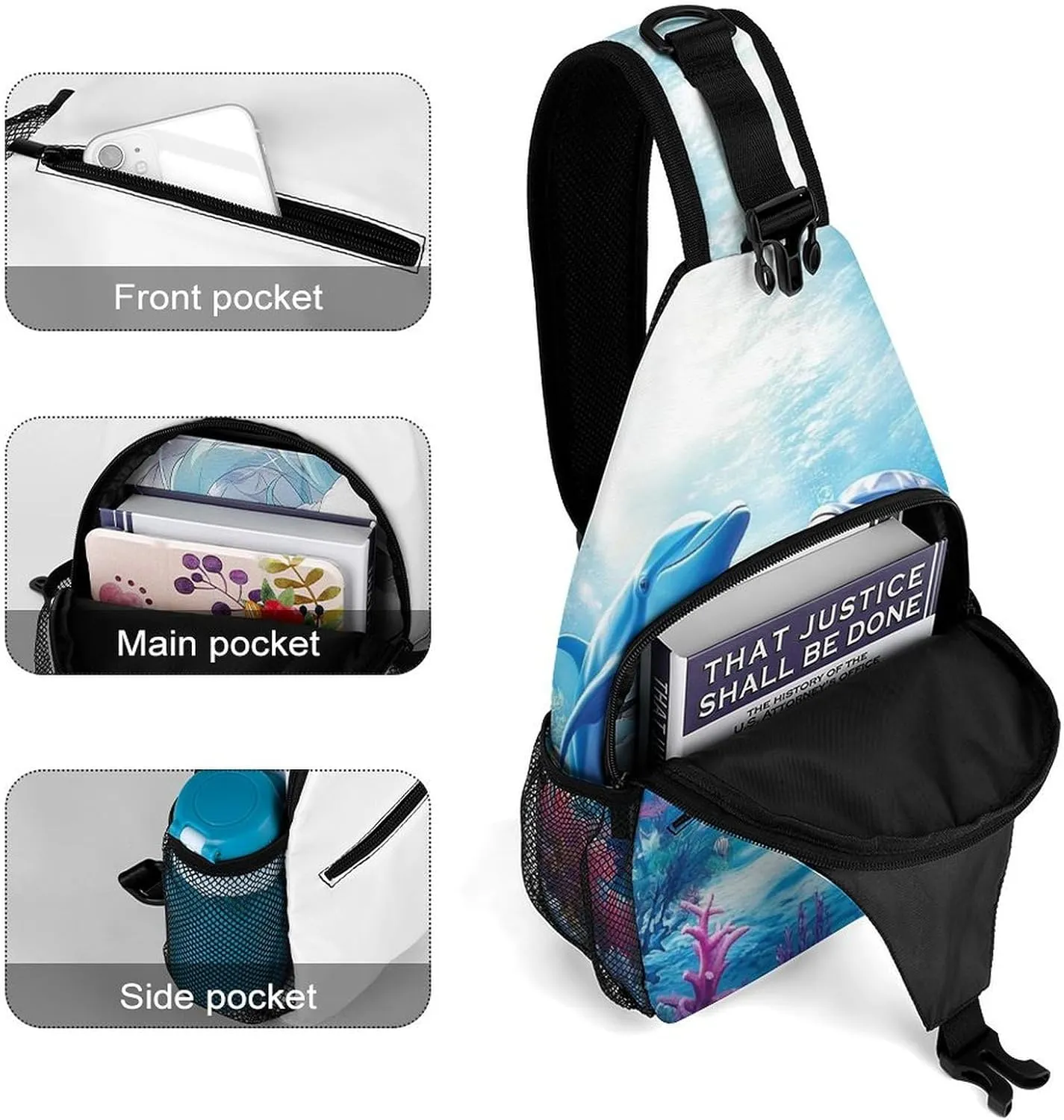 Crossbody Bag for Men Women, Underwater Beautiful Sea World Dolphins Casual Sling Backpack Large Capacity Chest Bag Sport Shoulder Daypack for Hiking Travel