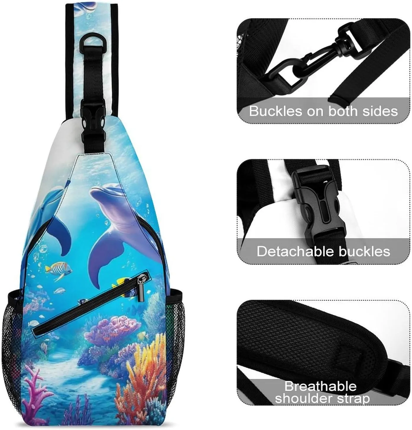 Crossbody Bag for Men Women, Underwater Beautiful Sea World Dolphins Casual Sling Backpack Large Capacity Chest Bag Sport Shoulder Daypack for Hiking Travel