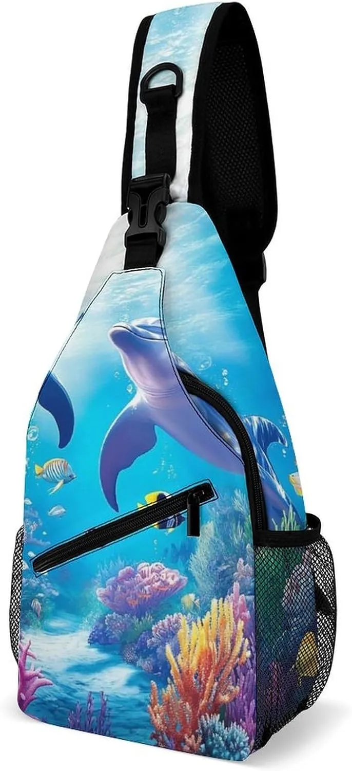 Crossbody Bag for Men Women, Underwater Beautiful Sea World Dolphins Casual Sling Backpack Large Capacity Chest Bag Sport Shoulder Daypack for Hiking Travel