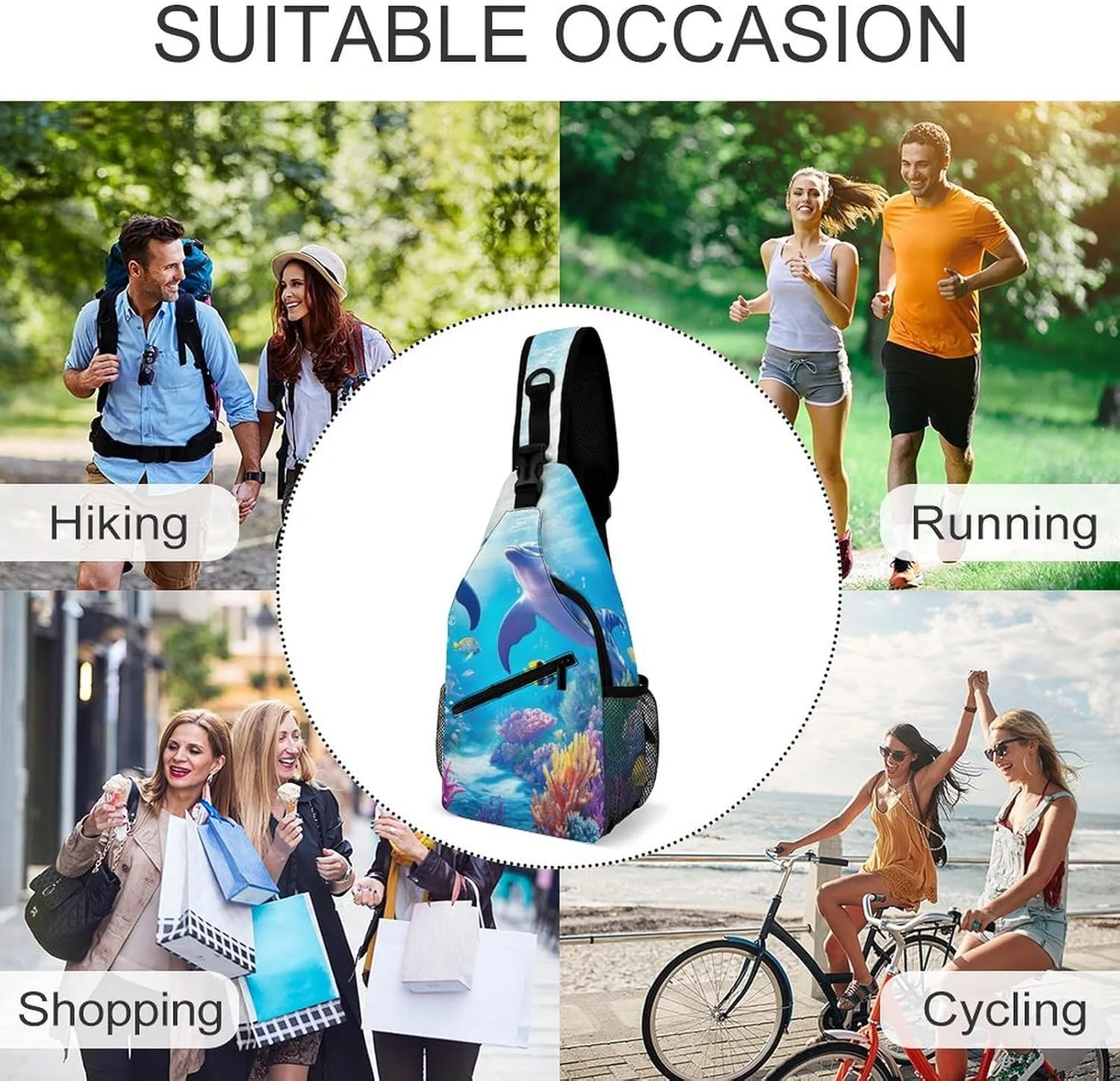 Crossbody Bag for Men Women, Underwater Beautiful Sea World Dolphins Casual Sling Backpack Large Capacity Chest Bag Sport Shoulder Daypack for Hiking Travel