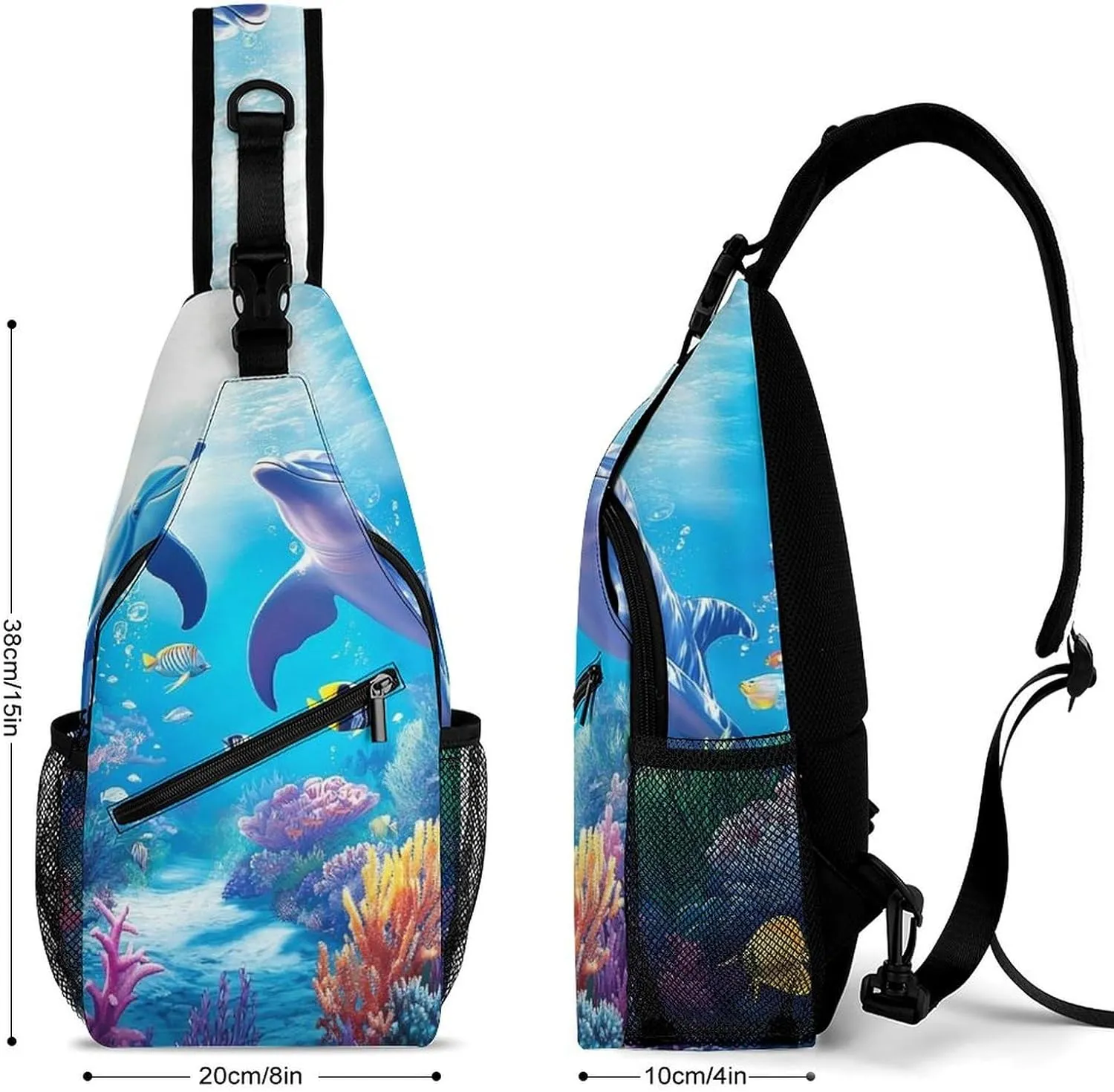 Crossbody Bag for Men Women, Underwater Beautiful Sea World Dolphins Casual Sling Backpack Large Capacity Chest Bag Sport Shoulder Daypack for Hiking Travel