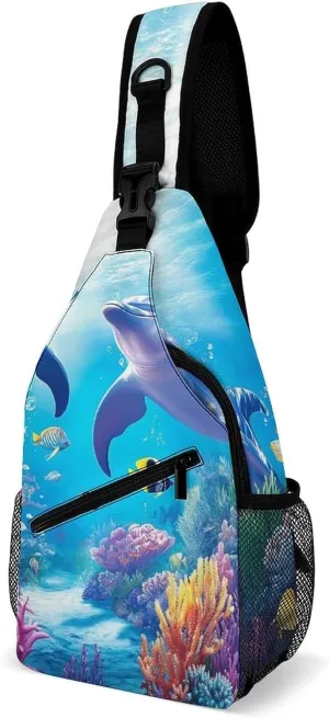 Crossbody Bag for Men Women, Underwater Beautiful Sea World Dolphins Casual Sling Backpack Large Capacity Chest Bag Sport Shoulder Daypack for Hiking Travel
