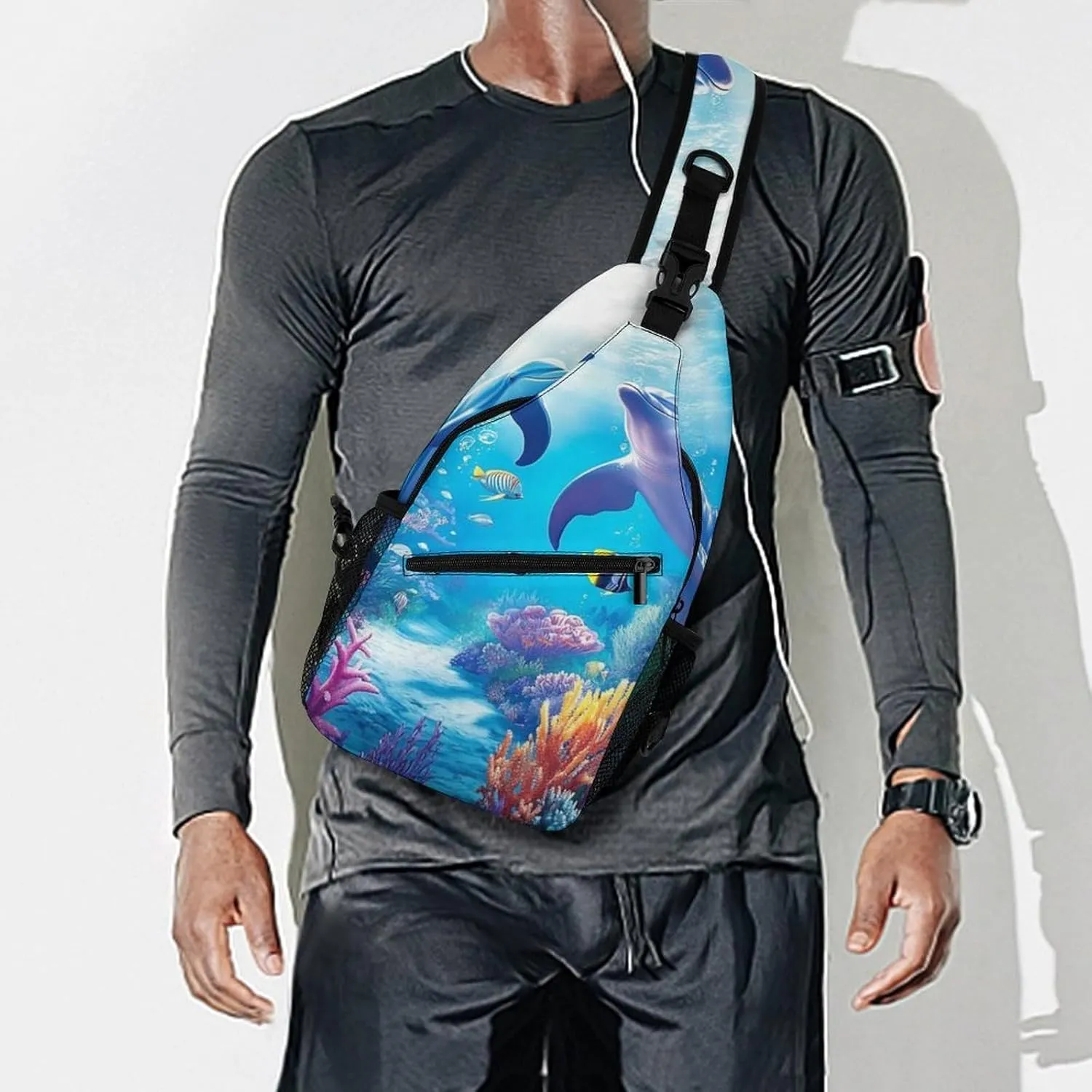Crossbody Bag for Men Women, Underwater Beautiful Sea World Dolphins Casual Sling Backpack Large Capacity Chest Bag Sport Shoulder Daypack for Hiking Travel