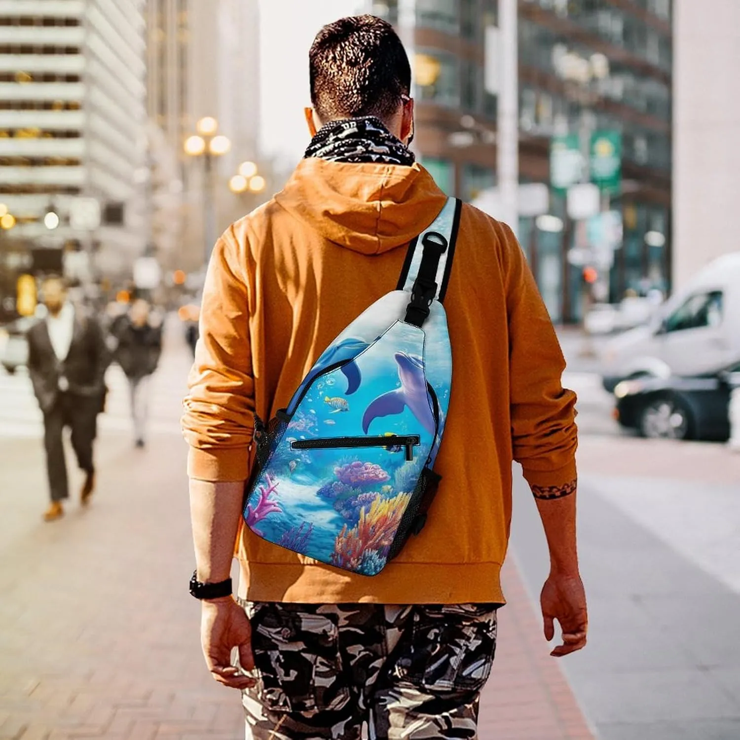 Crossbody Bag for Men Women, Underwater Beautiful Sea World Dolphins Casual Sling Backpack Large Capacity Chest Bag Sport Shoulder Daypack for Hiking Travel