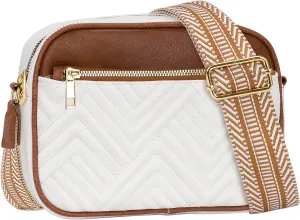Crossbody Bags for Women, Quilted Shoulder Bag with Adjustable Wide Strap, Small Camera Crossbody Purses for Women, Trendy White Handbag Multi Compartment for Travel Shopping Work