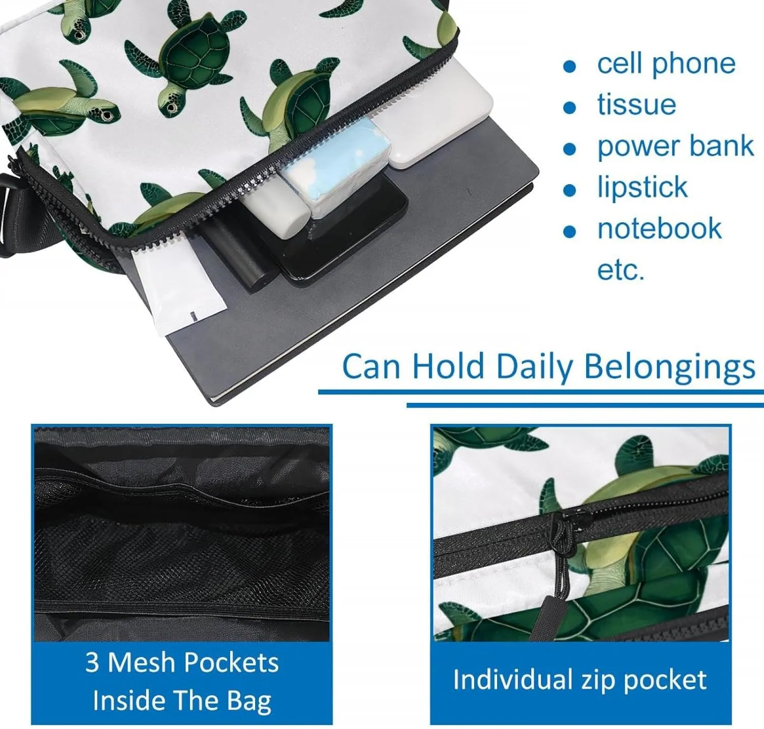 Crossbody Belt Bag for Women Men, Green Turtle Fanny Packs with Zipper Pockets,Waterproof Waist Packs with Adjustable Strap for Workout Running Traveling Hiking