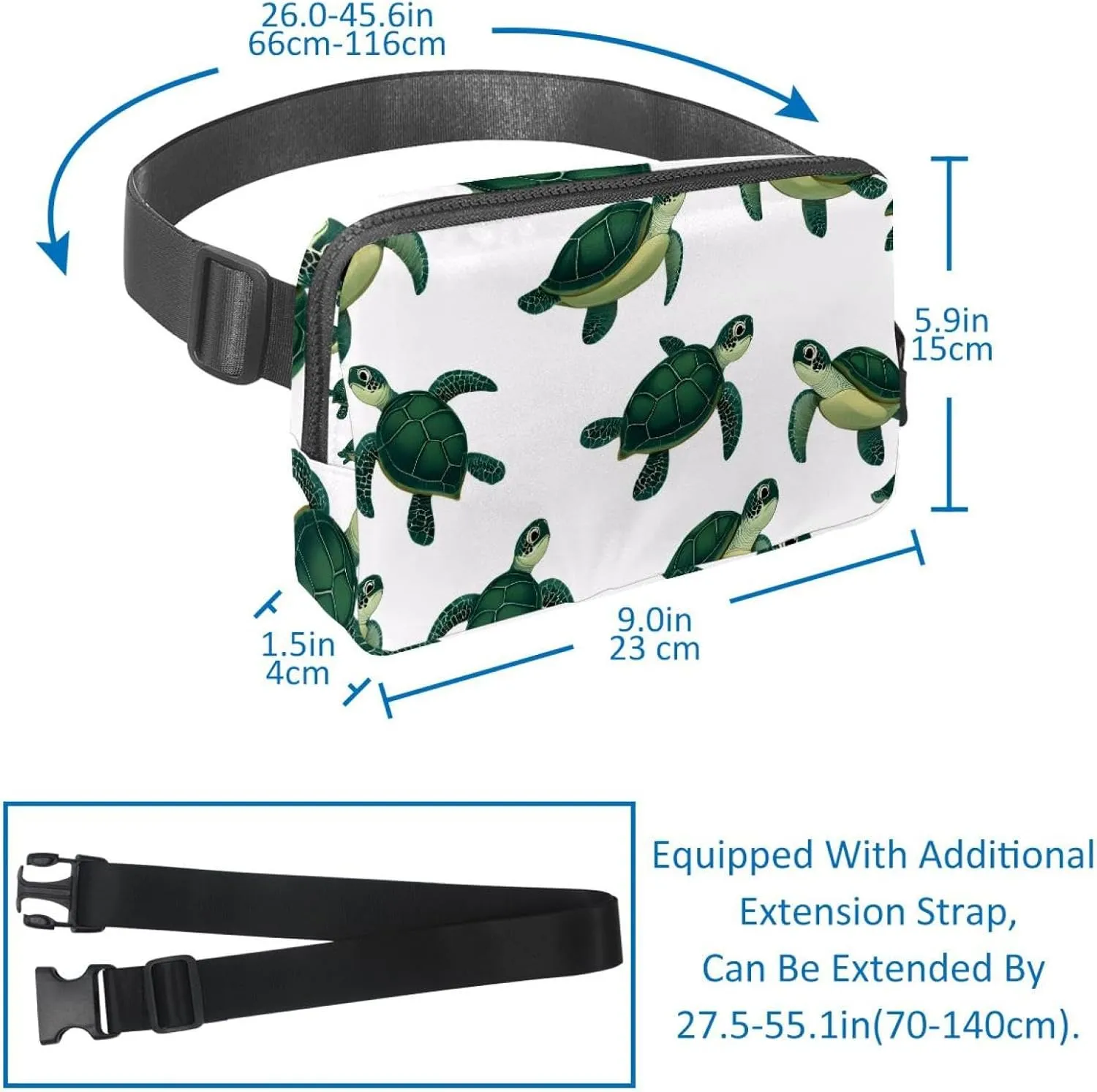 Crossbody Belt Bag for Women Men, Green Turtle Fanny Packs with Zipper Pockets,Waterproof Waist Packs with Adjustable Strap for Workout Running Traveling Hiking