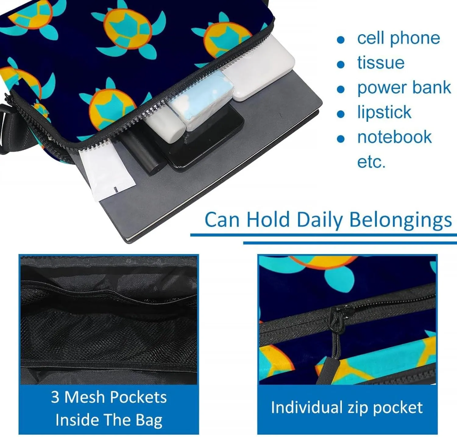 Crossbody Belt Bag for Women Men, Turtle Printing Fanny Packs with Zipper Pockets,Waterproof Waist Packs with Adjustable Strap for Workout Running Traveling Hiking