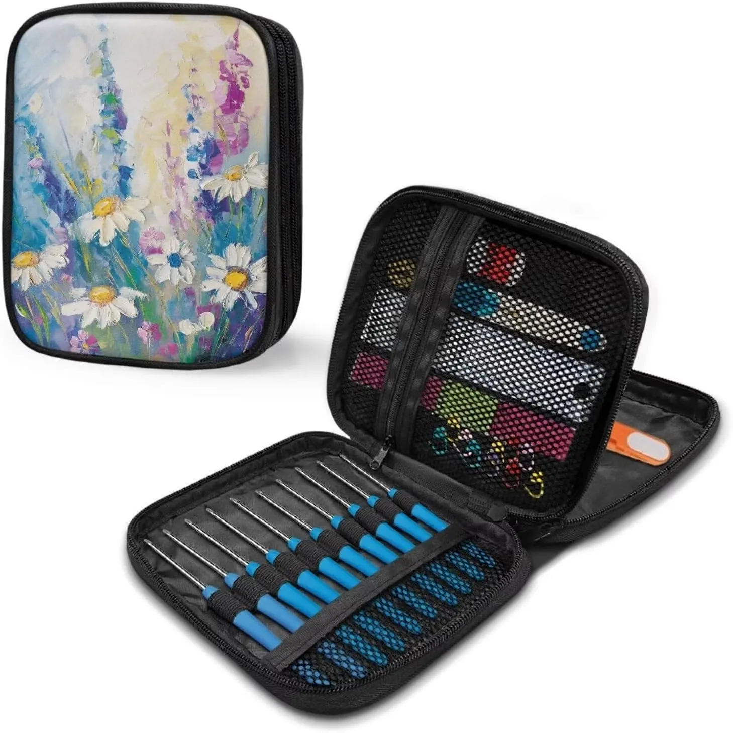 Cugasmaru Crochet Hook Case Purple Oil Daisy Crochet Hook Bag Organizer Small Crochet Hook Organizer Lightweight Knitting Needle Bag Interchangeable Bag for Travel Waterproof Makeup kit
