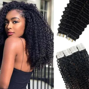 Curly Tape ins 20 pcs Kinky Curly Tape in Hair Extensions Human Hair Natrual Black for Women 24 Inch 50G