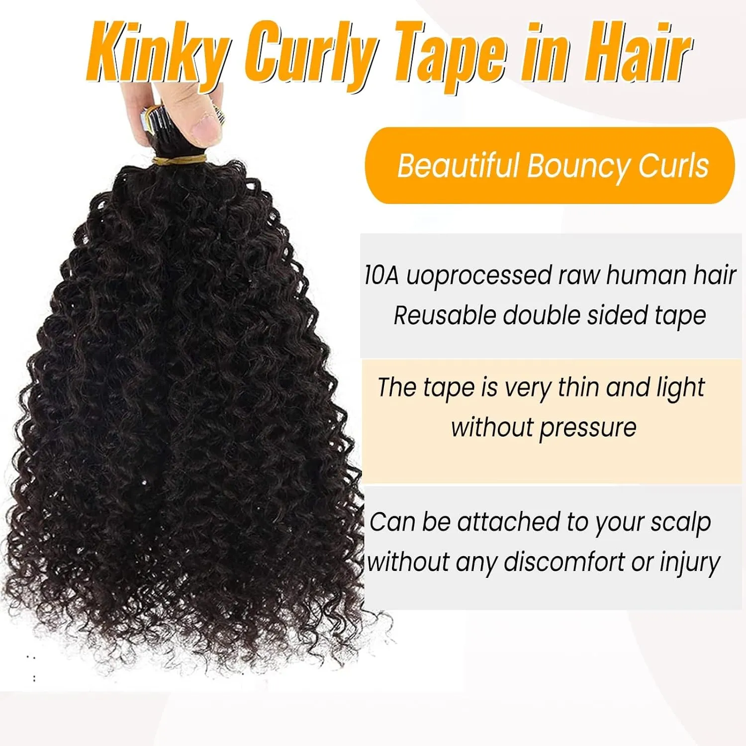 Curly Tape ins 20 pcs Kinky Curly Tape in Hair Extensions Human Hair Natrual Black for Women 24 Inch 50G