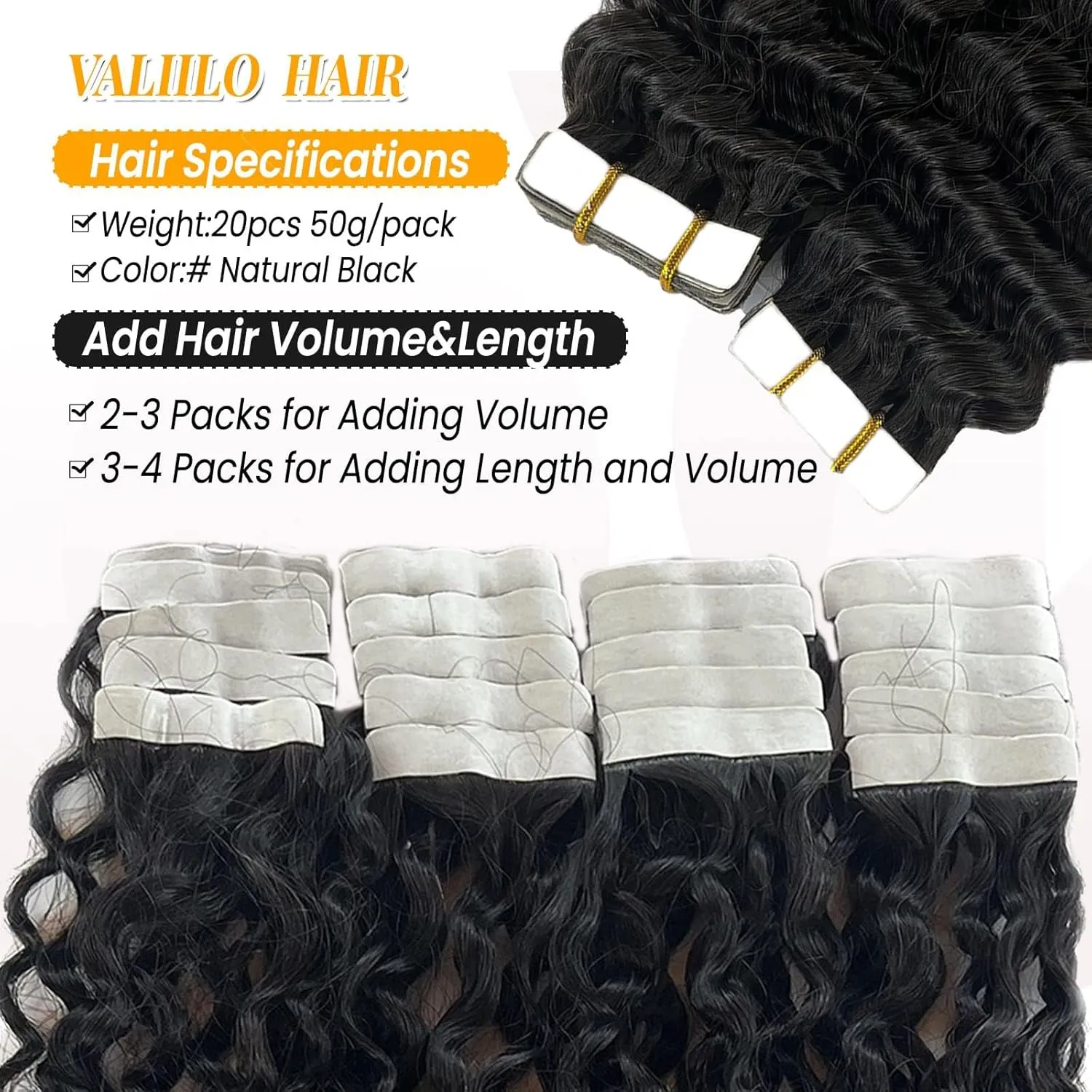 Curly Tape ins 20 pcs Kinky Curly Tape in Hair Extensions Human Hair Natrual Black for Women 24 Inch 50G
