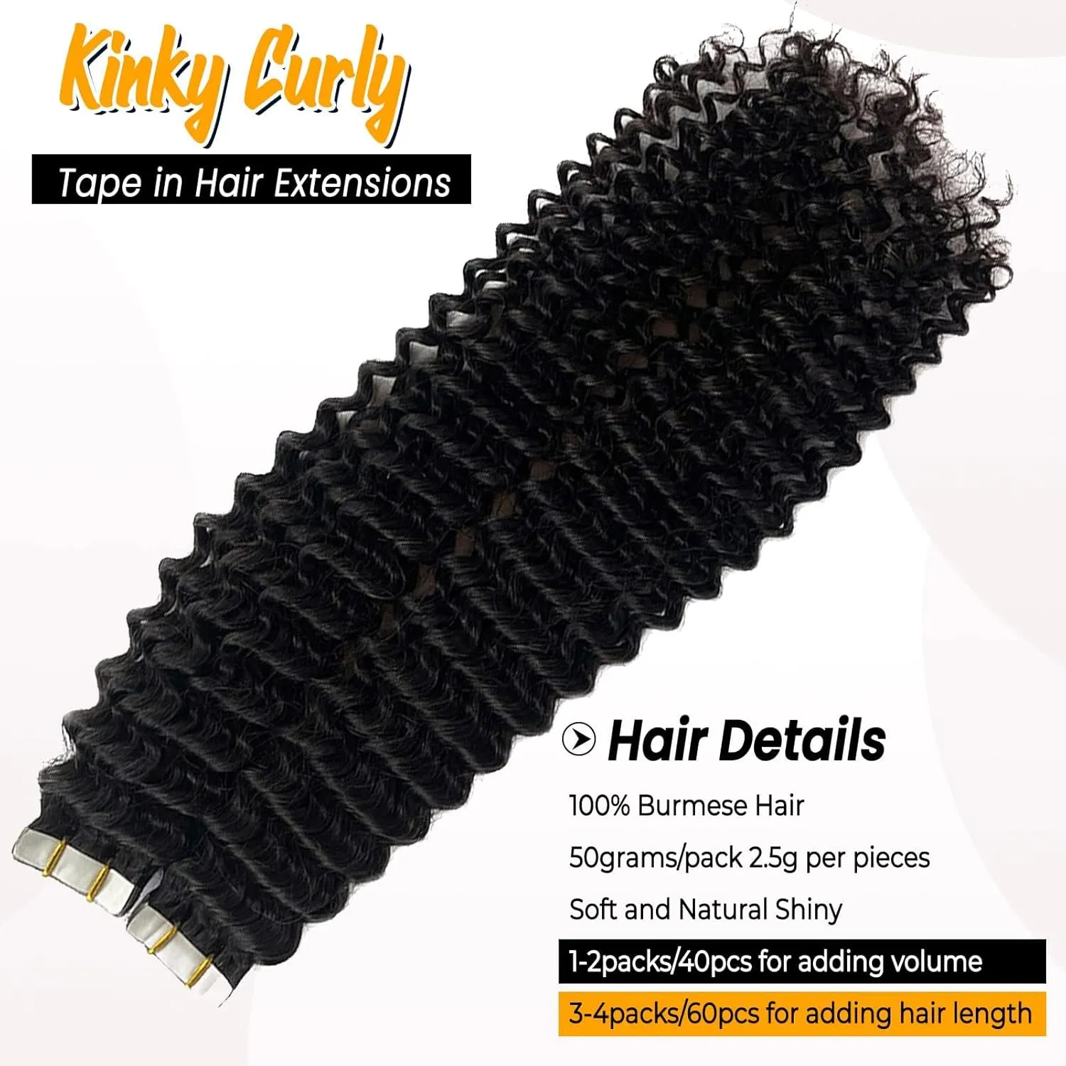 Curly Tape ins 20 pcs Kinky Curly Tape in Hair Extensions Human Hair Natrual Black for Women 24 Inch 50G